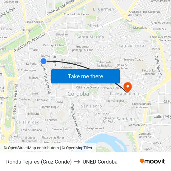 Ronda Tejares (Cruz Conde) to UNED Córdoba map