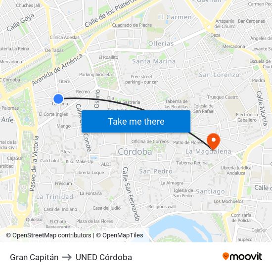 Gran Capitán to UNED Córdoba map