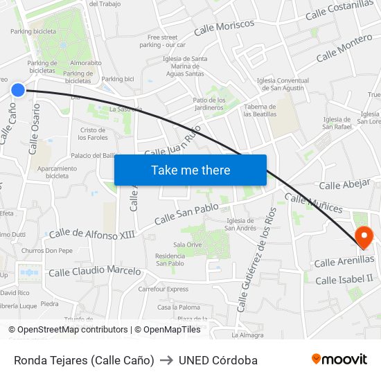 Ronda Tejares (Calle Caño) to UNED Córdoba map