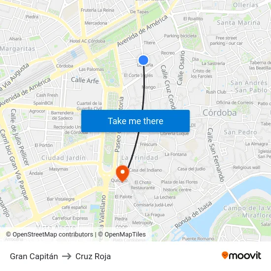 Gran Capitán to Cruz Roja map
