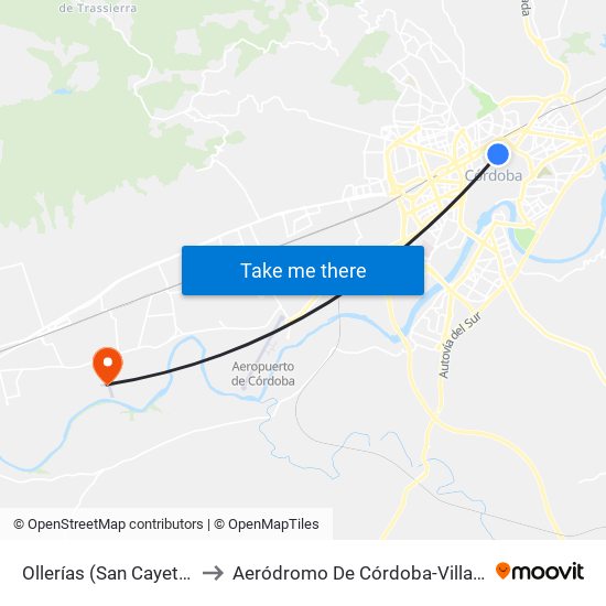 Ollerías (San Cayetano) to Aeródromo De Córdoba-Villarrubia map