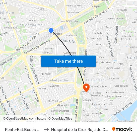 Renfe-Est.Buses Oeste to Hospital de la Cruz Roja de Córdoba map