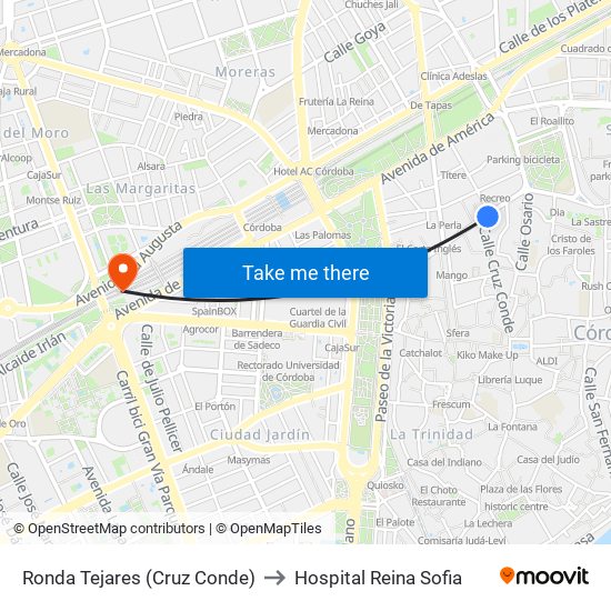 Ronda Tejares (Cruz Conde) to Hospital Reina Sofia map