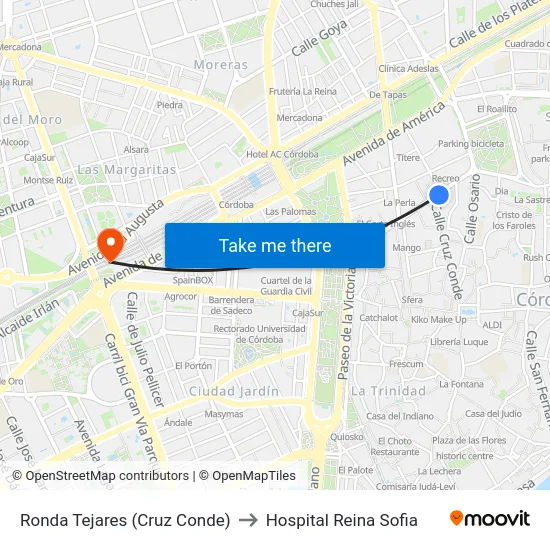 Ronda Tejares (Cruz Conde) to Hospital Reina Sofia map