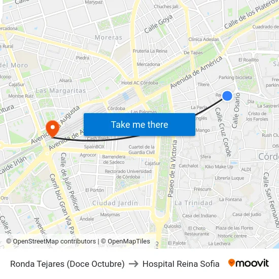 Ronda Tejares (Doce Octubre) to Hospital Reina Sofia map
