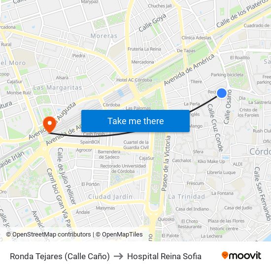 Ronda Tejares (Calle Caño) to Hospital Reina Sofia map
