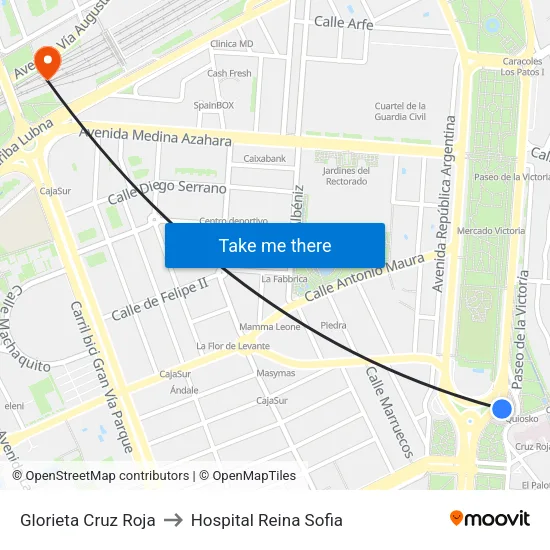 Glorieta Cruz Roja to Hospital Reina Sofia map