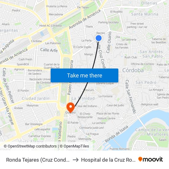 Ronda Tejares (Cruz Conde) to Hospital de la Cruz Roja map