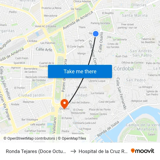 Ronda Tejares (Doce Octubre) to Hospital de la Cruz Roja map