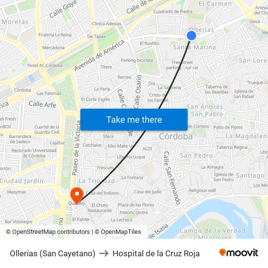 Ollerías (San Cayetano) to Hospital de la Cruz Roja map