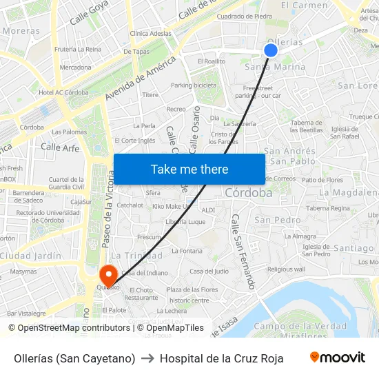 Ollerías (San Cayetano) to Hospital de la Cruz Roja map