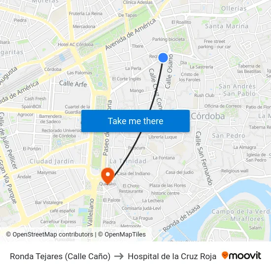 Ronda Tejares (Calle Caño) to Hospital de la Cruz Roja map