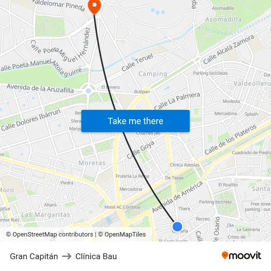 Gran Capitán to Clínica Bau map
