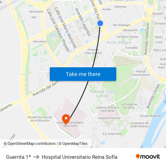 Guerrita 1ª to Hospital Universitario Reina Sofía map