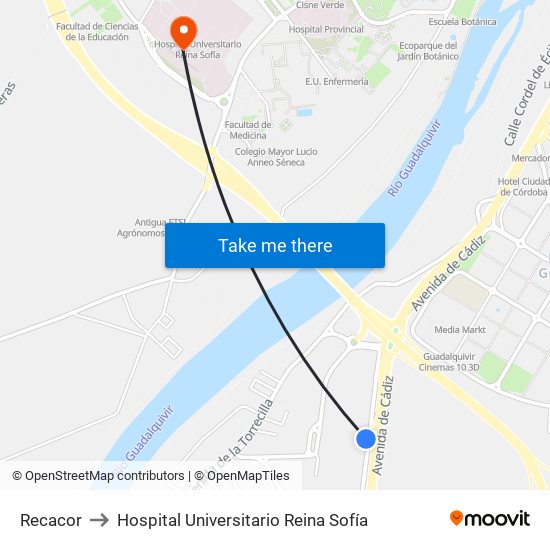 Recacor to Hospital Universitario Reina Sofía map
