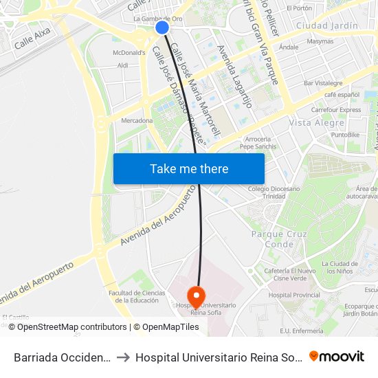 Barriada Occidente to Hospital Universitario Reina Sofía map