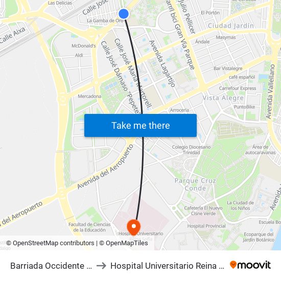Barriada Occidente D.C. to Hospital Universitario Reina Sofía map