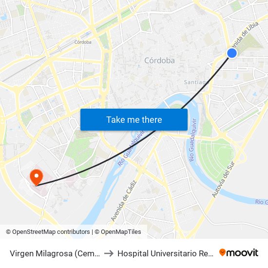 Virgen Milagrosa (Cementerio) to Hospital Universitario Reina Sofía map