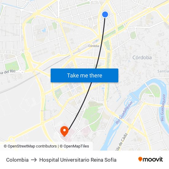 Colombia to Hospital Universitario Reina Sofía map