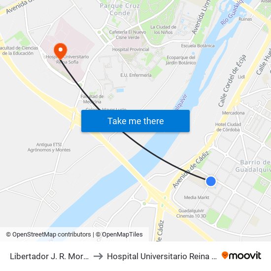 Libertador J. R. Mora 2ª to Hospital Universitario Reina Sofía map