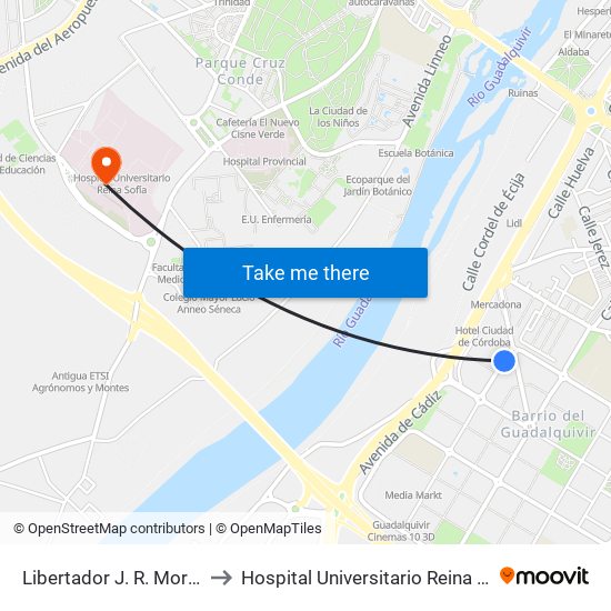 Libertador J. R. Mora 1ª to Hospital Universitario Reina Sofía map