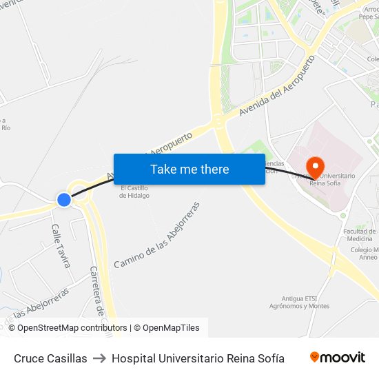 Cruce Casillas to Hospital Universitario Reina Sofía map