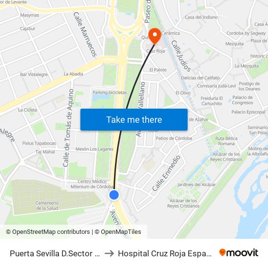 Puerta Sevilla D.Sector Sur to Hospital Cruz Roja Española map