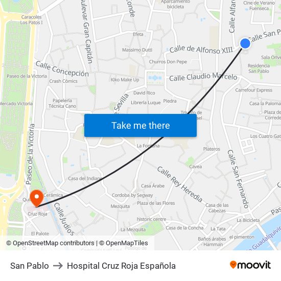 San Pablo to Hospital Cruz Roja Española map