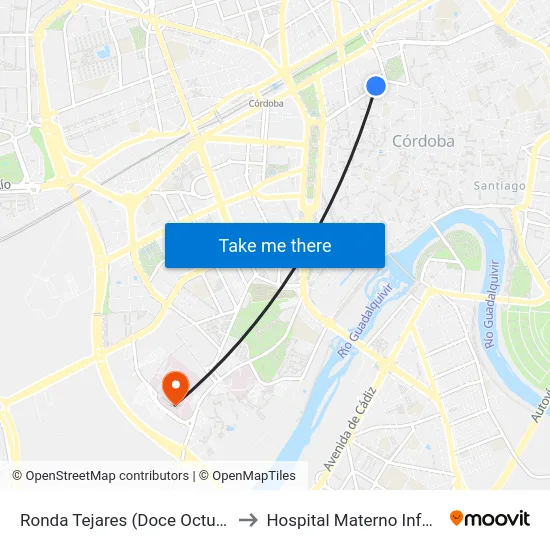 Ronda Tejares (Doce Octubre) to Hospital Materno Infantil map