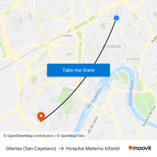 Ollerías (San Cayetano) to Hospital Materno Infantil map