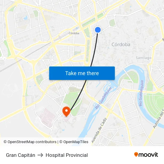 Gran Capitán to Hospital Provincial map
