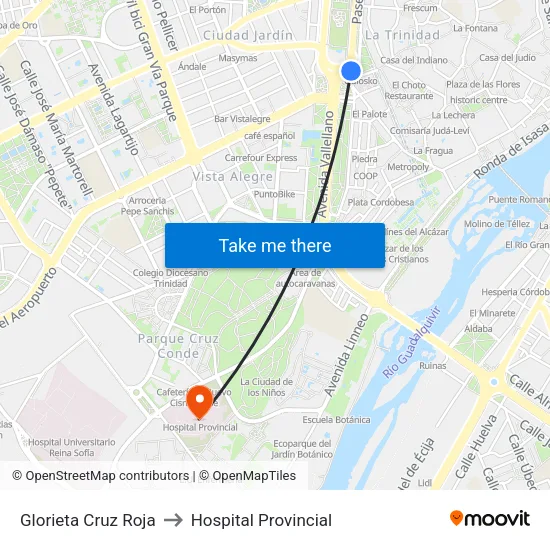 Glorieta Cruz Roja to Hospital Provincial map