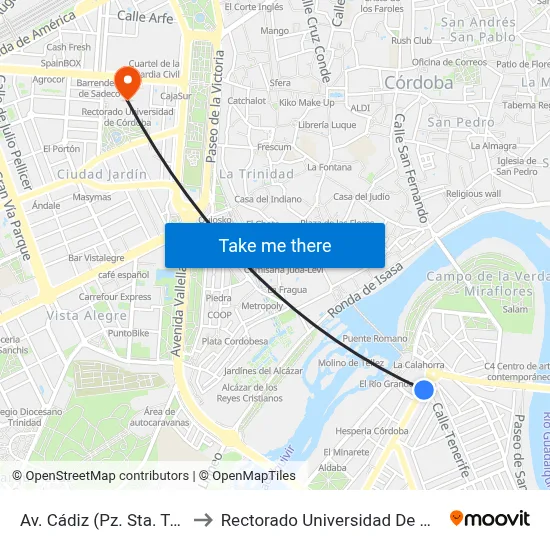 Av. Cádiz (Pz. Sta. Teresa) to Rectorado Universidad De Córdoba map