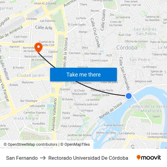 San Fernando to Rectorado Universidad De Córdoba map