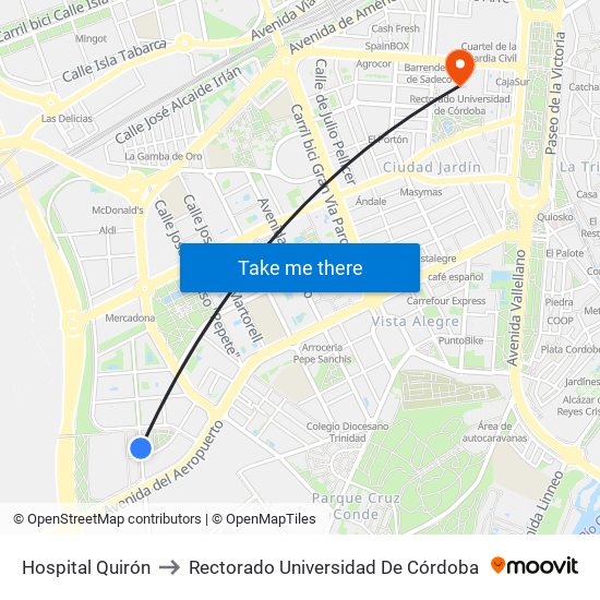 Hospital Quirón to Rectorado Universidad De Córdoba map