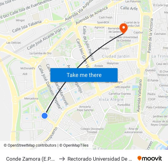 Conde Zamora (E.P.Bazán) to Rectorado Universidad De Córdoba map