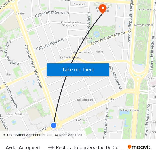 Avda. Aeropuerto 2ª to Rectorado Universidad De Córdoba map