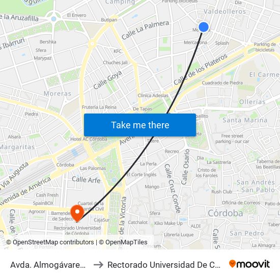 Avda. Almogávares D.C. to Rectorado Universidad De Córdoba map