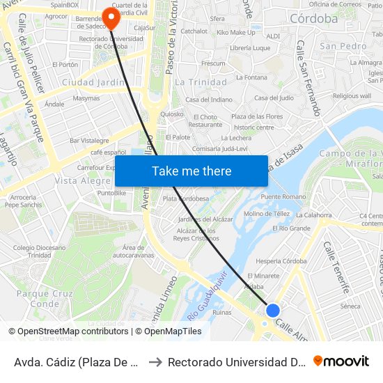Avda. Cádiz (Plaza De Andalucía) to Rectorado Universidad De Córdoba map