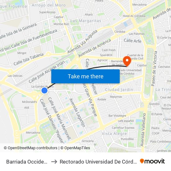 Barriada Occidente to Rectorado Universidad De Córdoba map