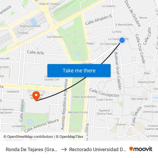 Ronda De Tejares (Gran Capitán) to Rectorado Universidad De Córdoba map