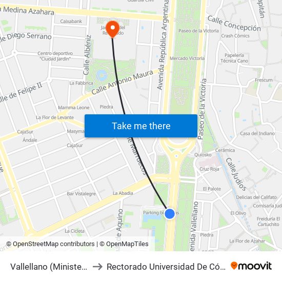 Vallellano (Ministerios) to Rectorado Universidad De Córdoba map