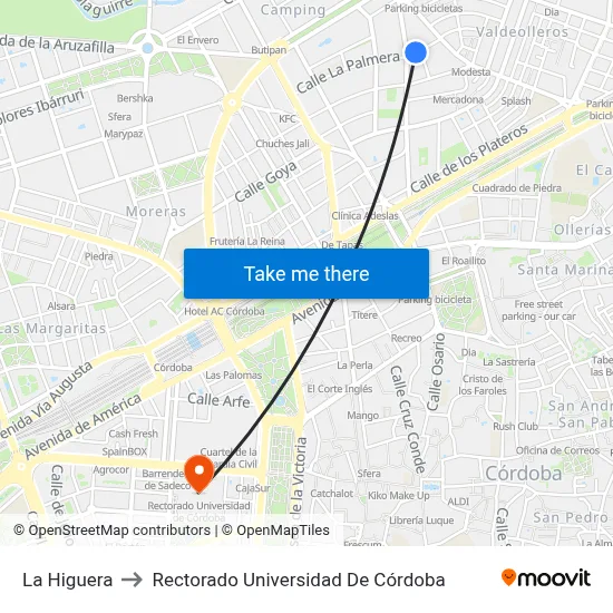La Higuera to Rectorado Universidad De Córdoba map