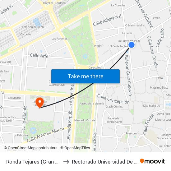 Ronda Tejares (Gran Capitán) to Rectorado Universidad De Córdoba map