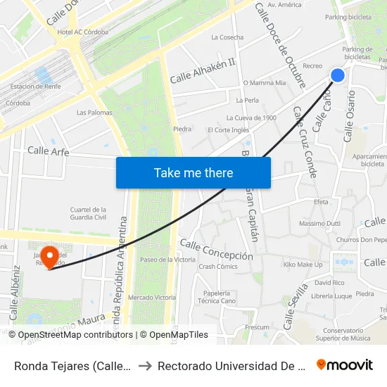Ronda Tejares (Calle Caño) to Rectorado Universidad De Córdoba map
