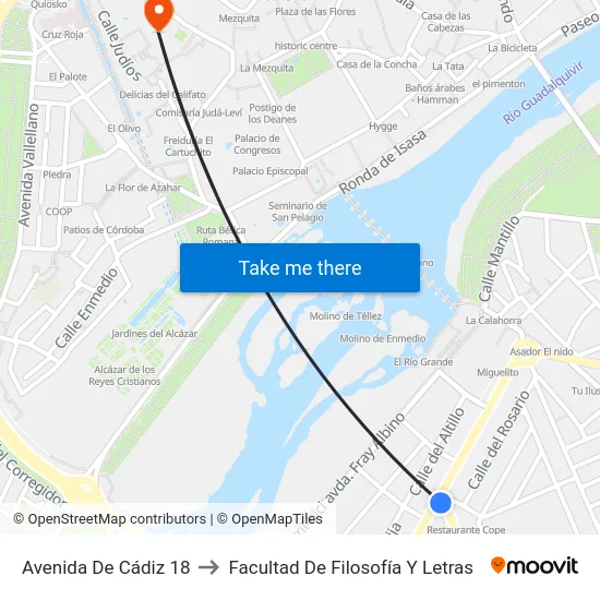 Avenida De Cádiz 18 to Facultad De Filosofía Y Letras map