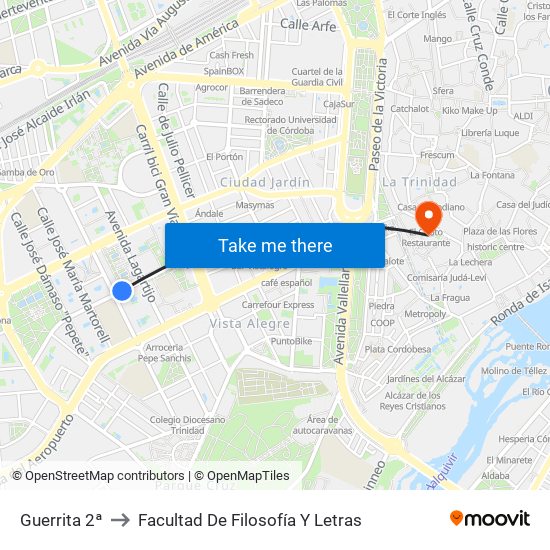 Guerrita 2ª to Facultad De Filosofía Y Letras map