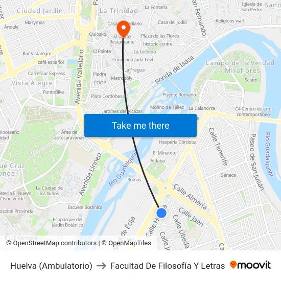 Huelva (Ambulatorio) to Facultad De Filosofía Y Letras map