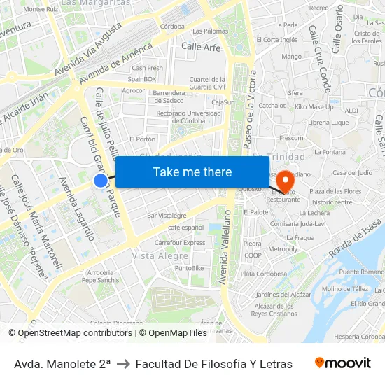Avda. Manolete 2ª to Facultad De Filosofía Y Letras map