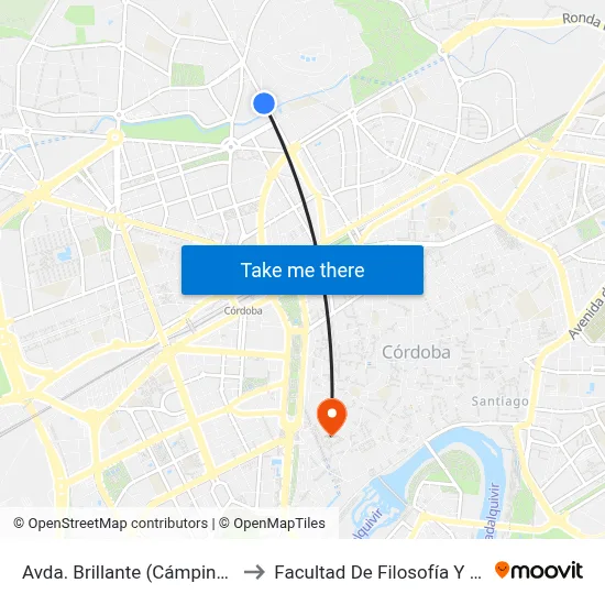 Avda. Brillante (Cámping) D.C. to Facultad De Filosofía Y Letras map